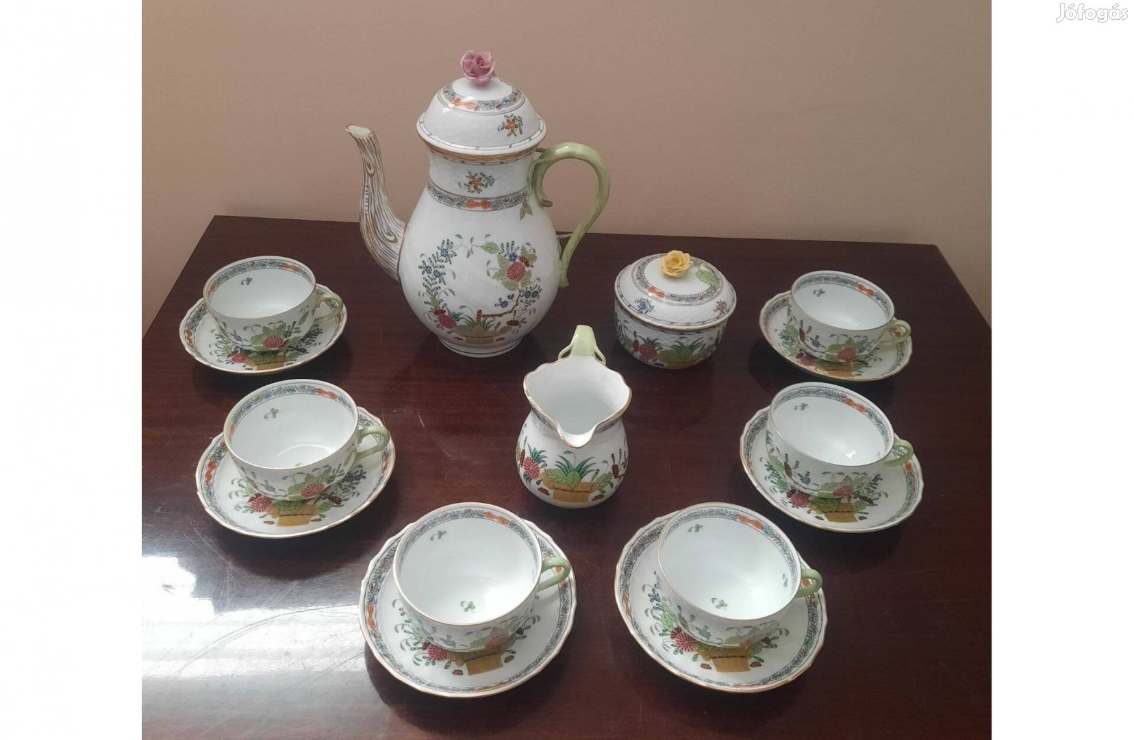Herendi színes Indiai kosármintás porcelán teáskészlet,