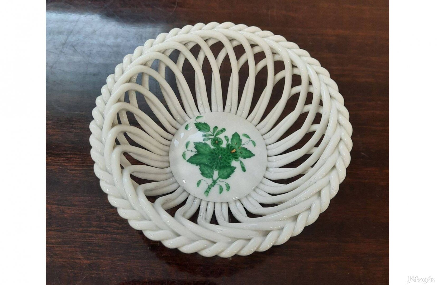 Herendi zöld Apponyi mintás porcelán fonott kosár, tál eladó!