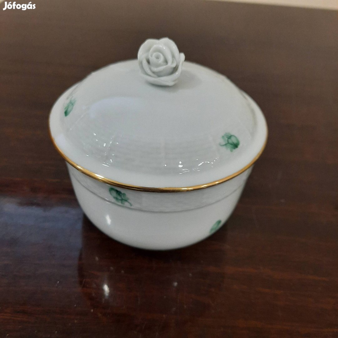 Herendi zöld virágmintás porcelán cukortartó, bonbonier eladó 