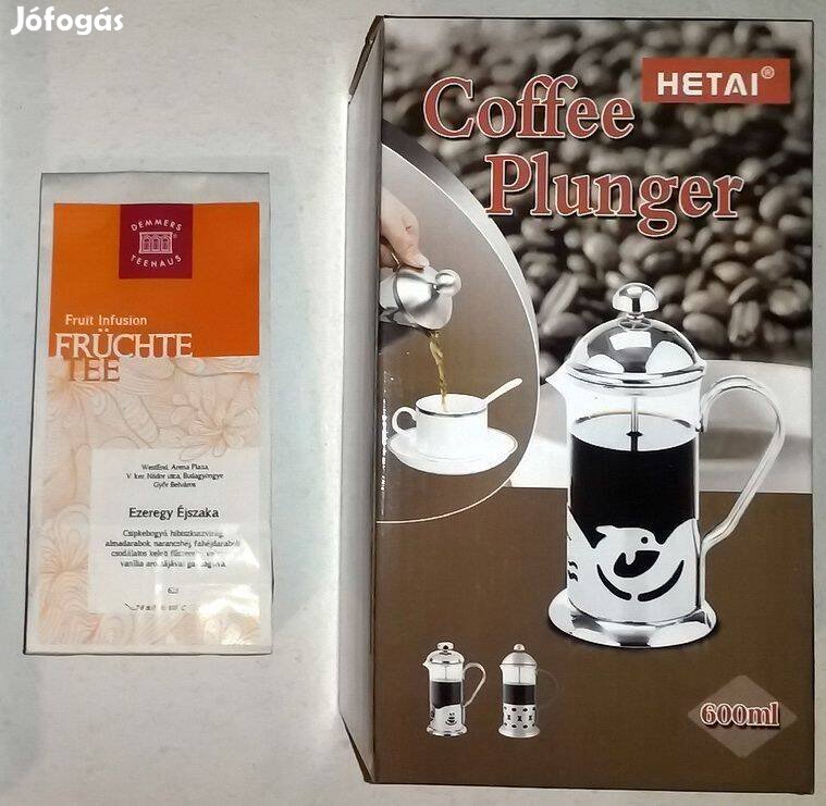 Hetai Frenchpress kávé/teafőző 600ml, új + Demmers tea