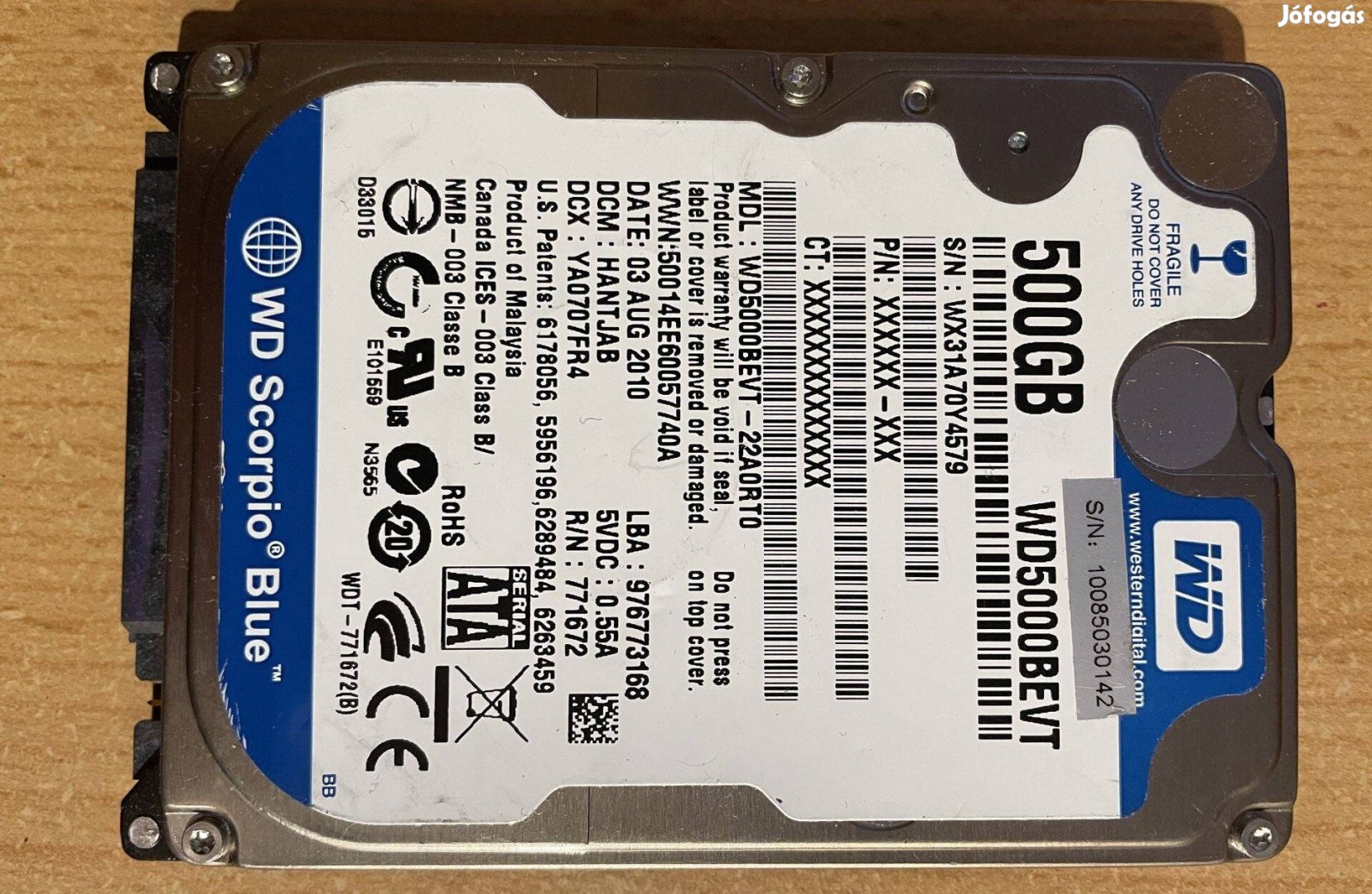 Hibás 500GB laptop HDD (merevlemez) WD5000Bevt