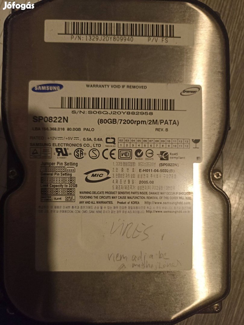 Hibás Samsung SP0822N 80 GB Winchester adatmentésre vagy