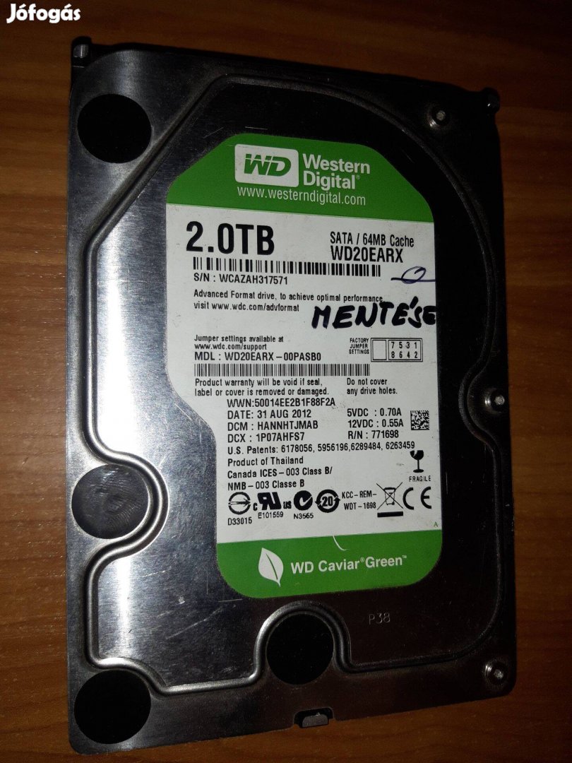 Hibás WD Green 3.5" 2TB 5400rpm 64MB SATA3 WD20Earx HDD merevlemez