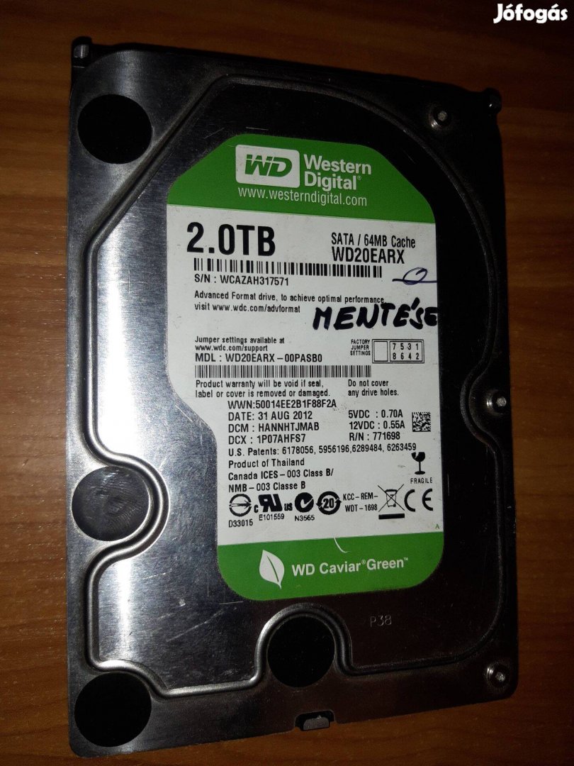 Hibás WD Green 3.5" 2TB 5400rpm 64MB SATA3 WD20Earx HDD merevlemez