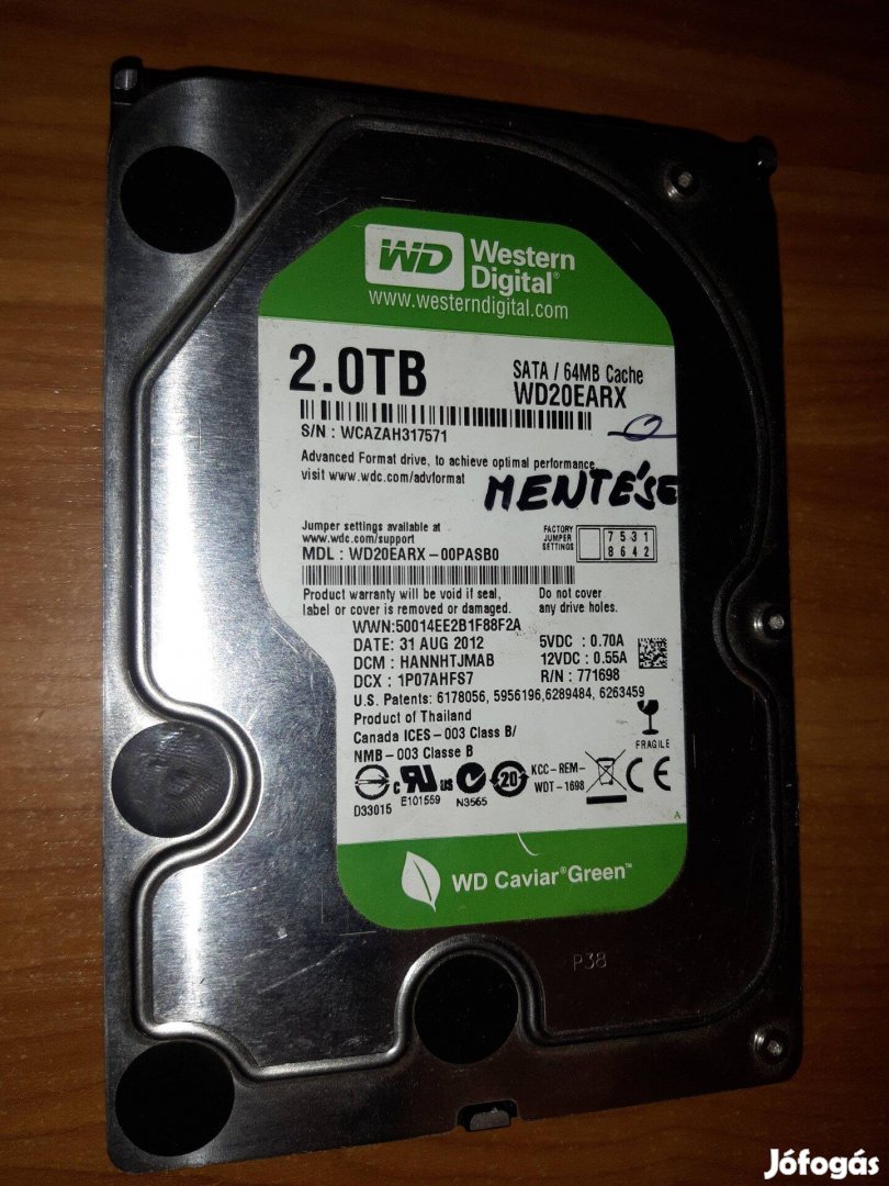 Hibás WD Green 3.5" 2TB 5400rpm 64MB SATA3 WD20Earx HDD merevlemez