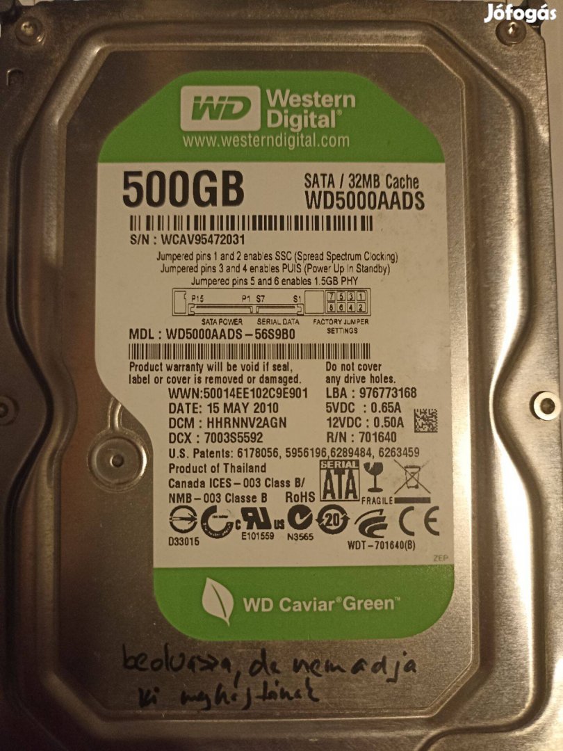 Hibás Western digital 500 GB WD5000AADS-56S9B0 vinchester adatmentésre