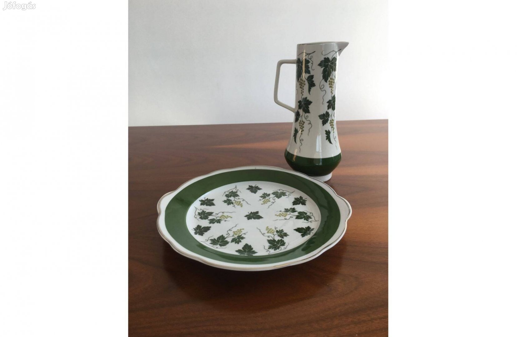 Hibátlan Spechtsbrunn szőlőlevél mintás retro porcelán kancsó és tál