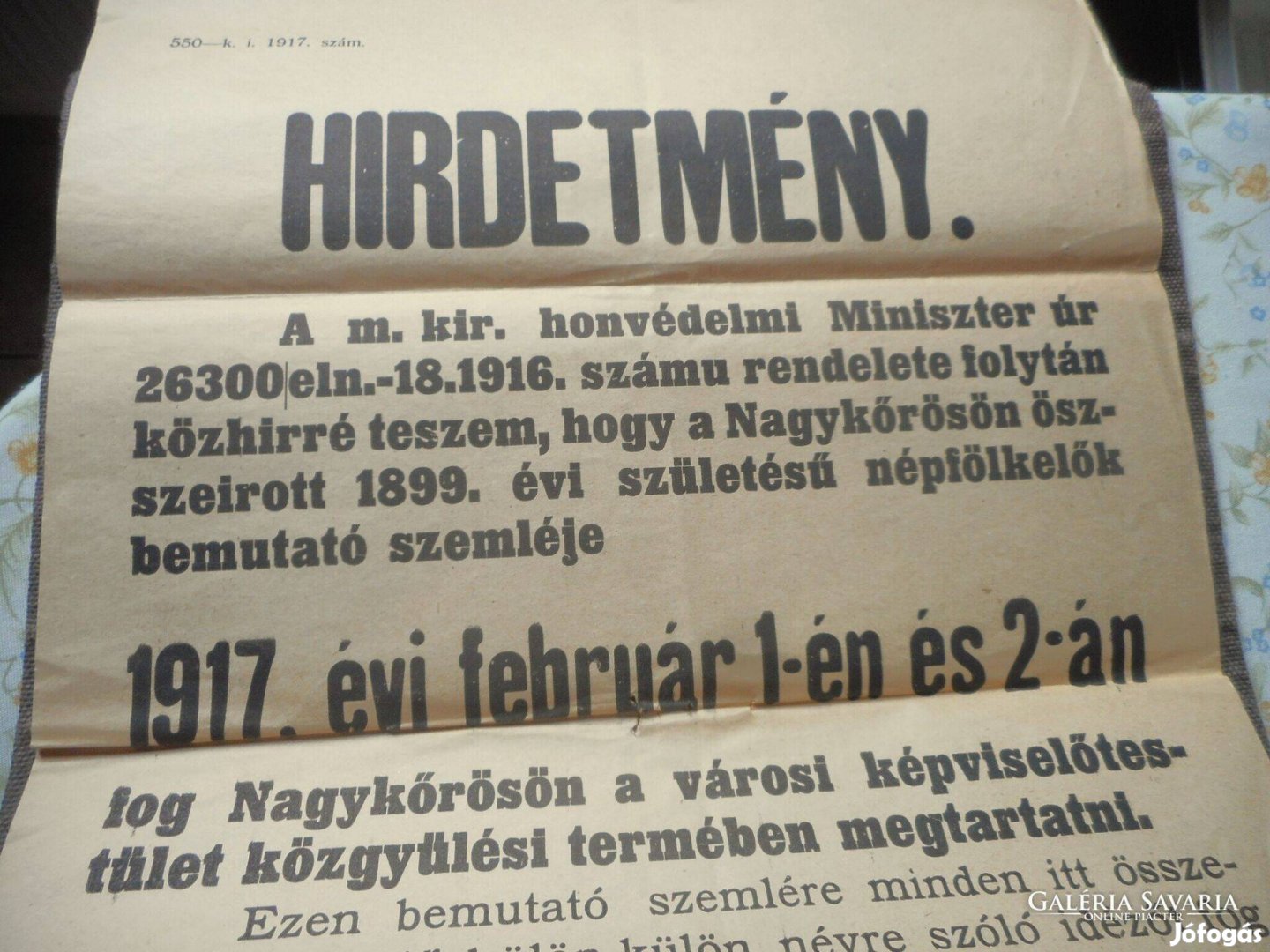 Hirdetmény népfelkelők katonai sorozására - 1917, Nagykőrös
