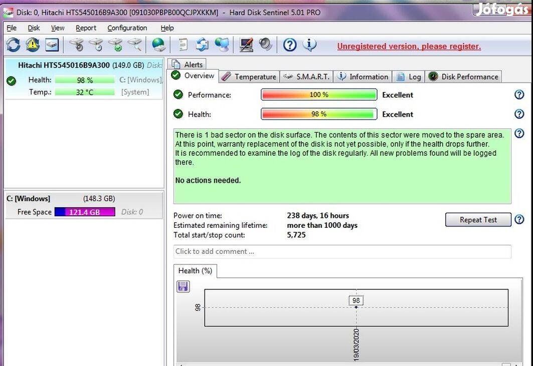 Hitachi 160GB laptop merevlemez 2.5" winchester