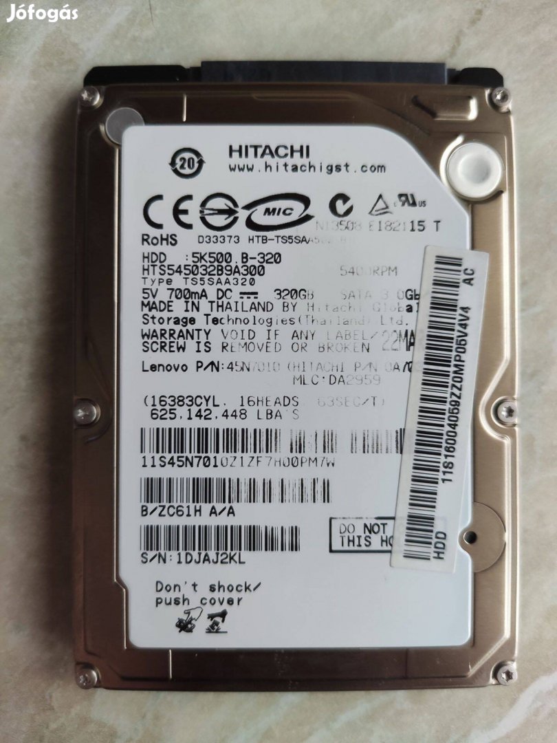 Hitachi 320GB 2.5 HDD notebook merevlemez