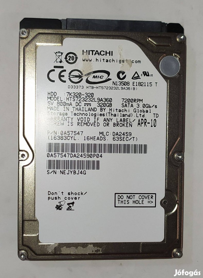 Hitachi 320GB laptop / notebook HDD merevlemez SATA 2.5" 100/100 #BJ4G