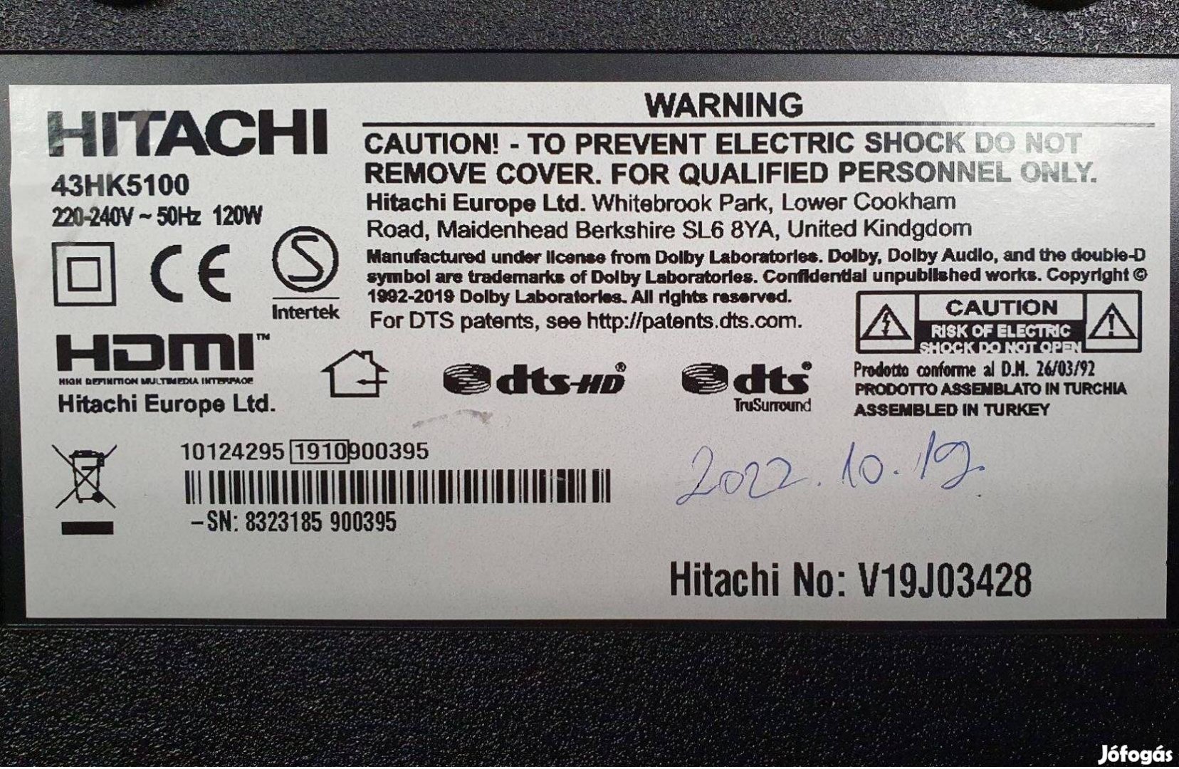 Hitachi 43HK5100 LED LCD tv alkatrésznek táp elkelt 17MB130P