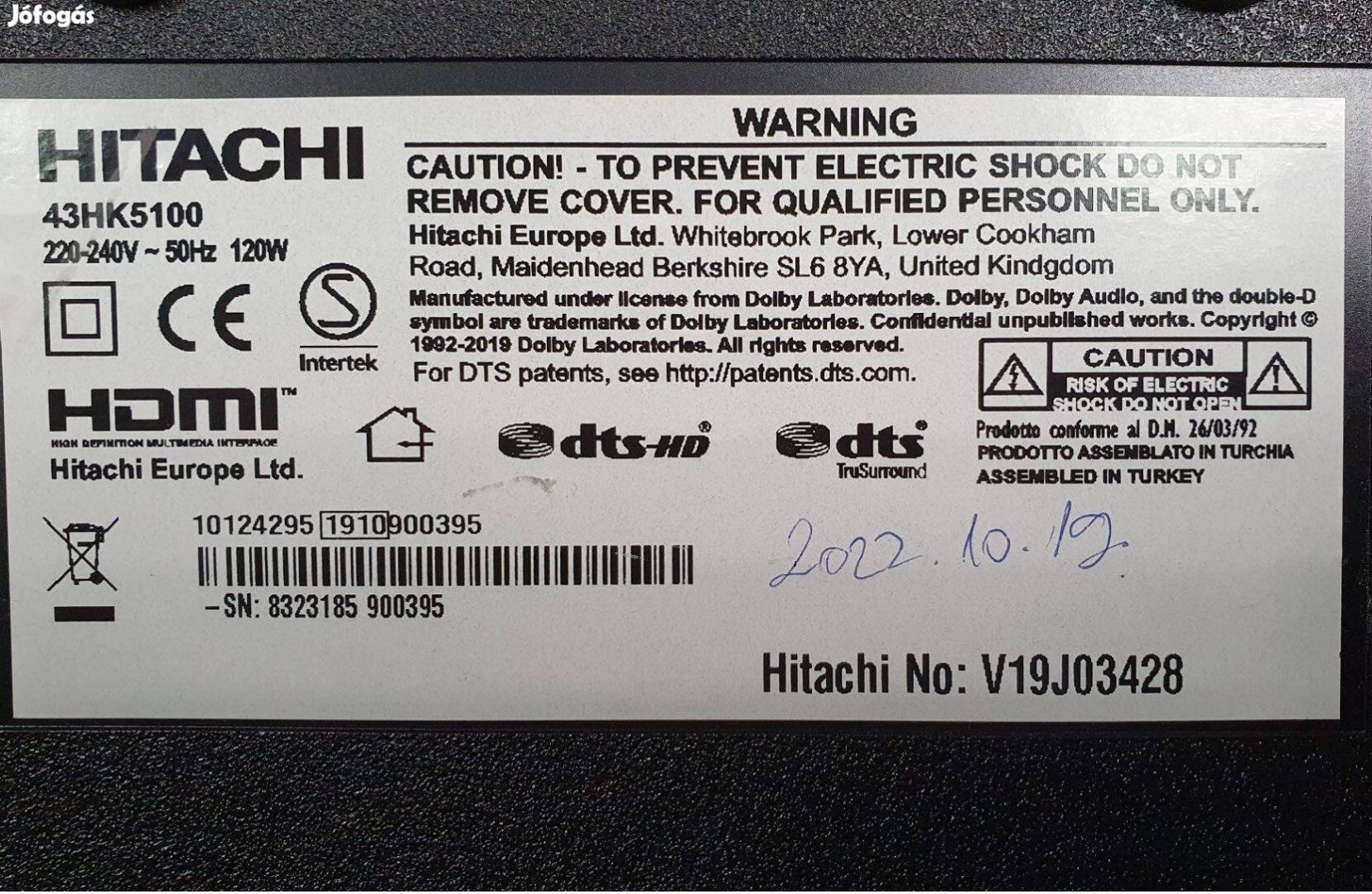 Hitachi 43HK5100  LED LCD tv alkatrésznek táp elkelt 17MB130P 