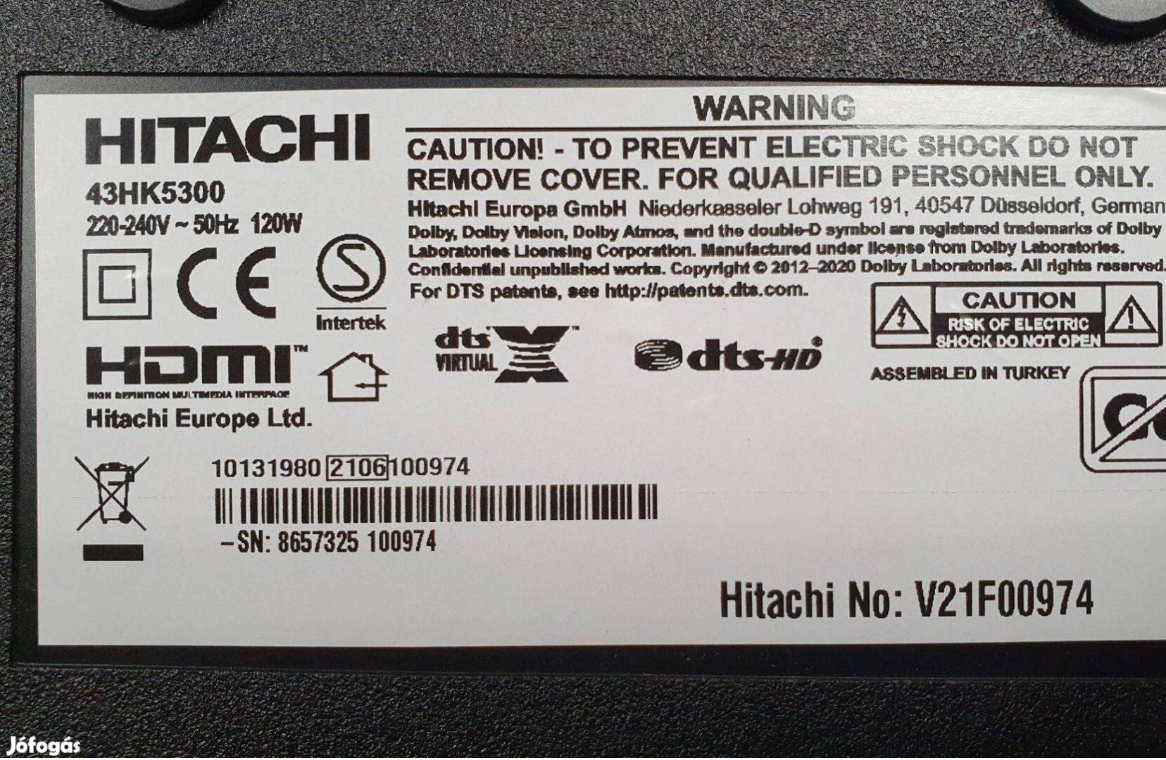 Hitachi 43HK5300 4K UHD Smart LED LCD tv hibás törött alkatrésznek