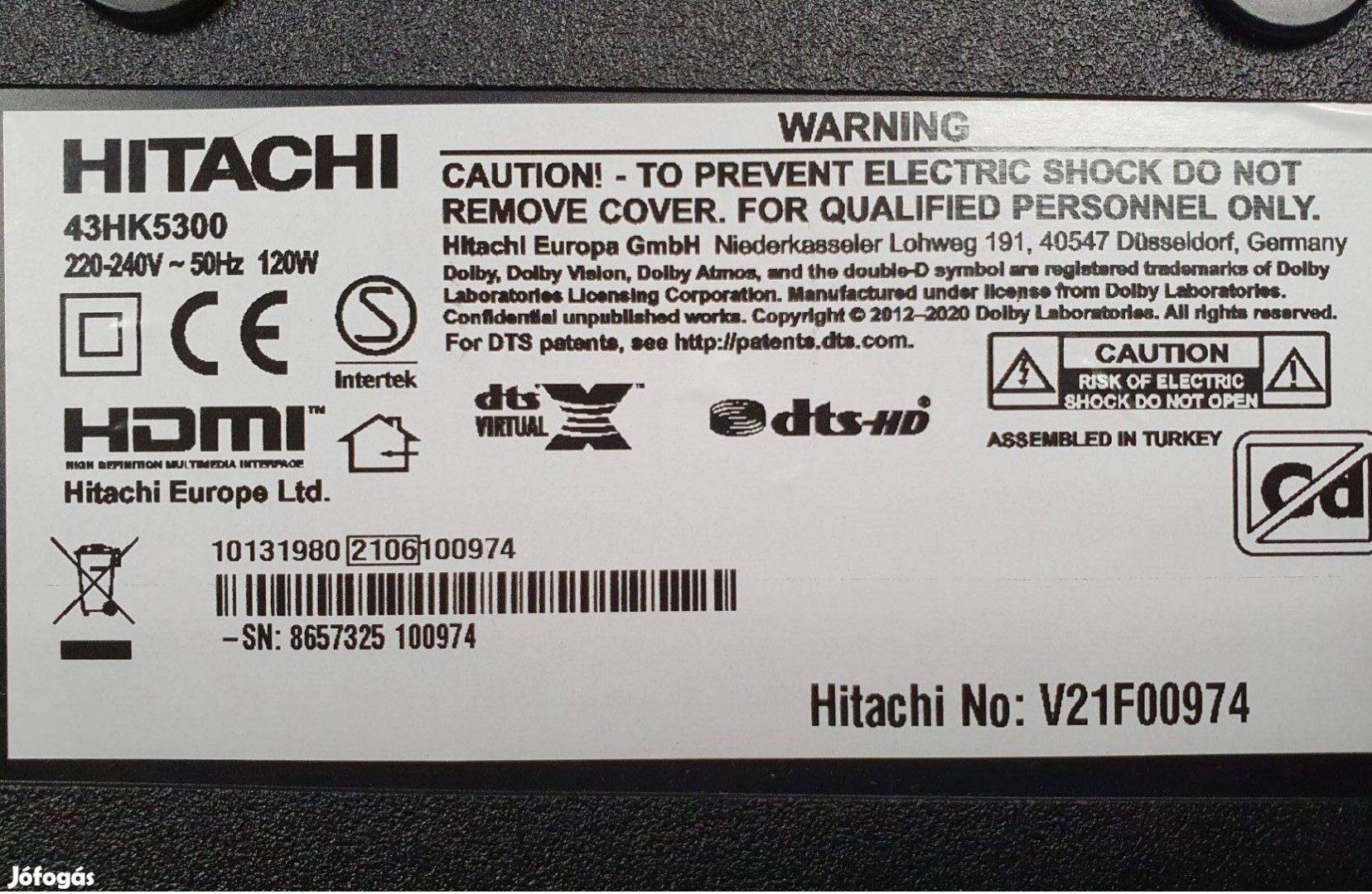 Hitachi 43HK5300 4K UHD Smart LED LCD tv hibás törött alkatrésznek