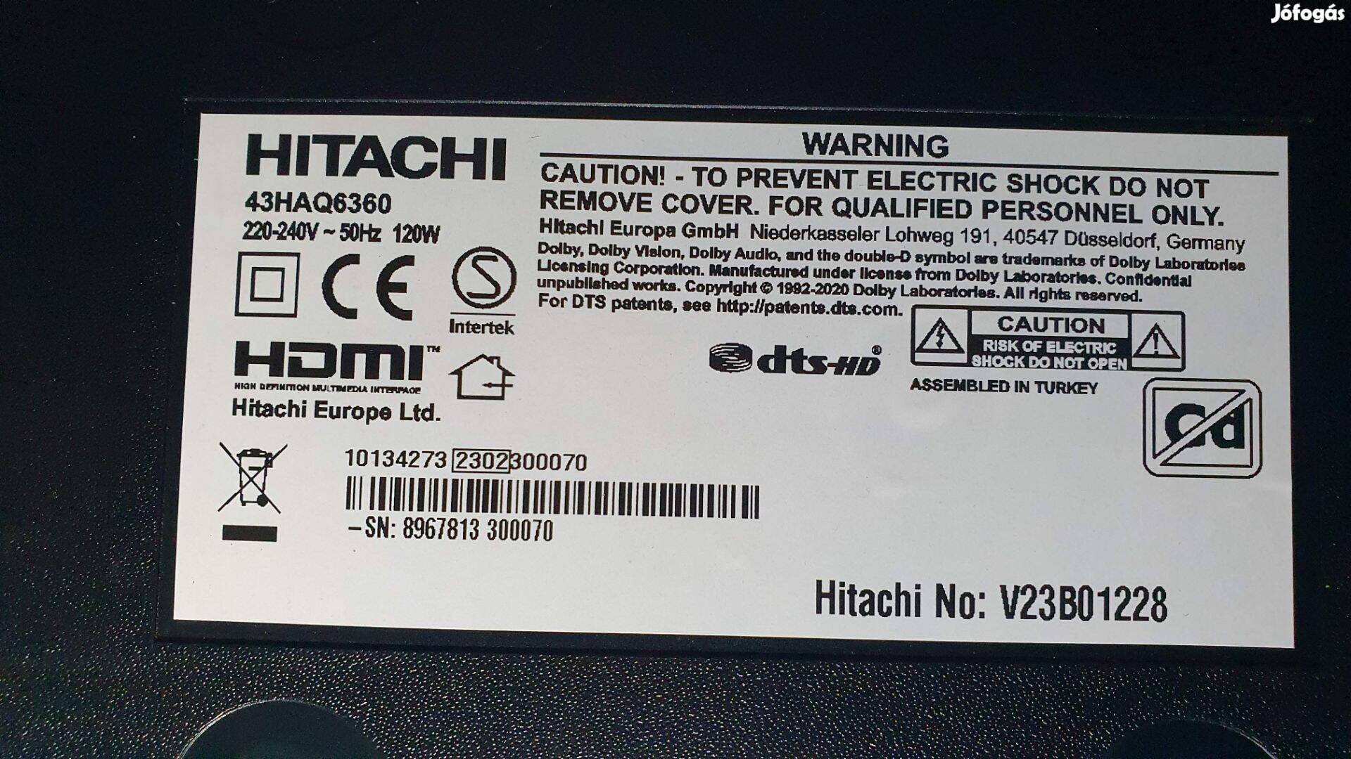 Hitachi 43Haq6360 LED LCD tv hibás törött alkatrésznek UHD