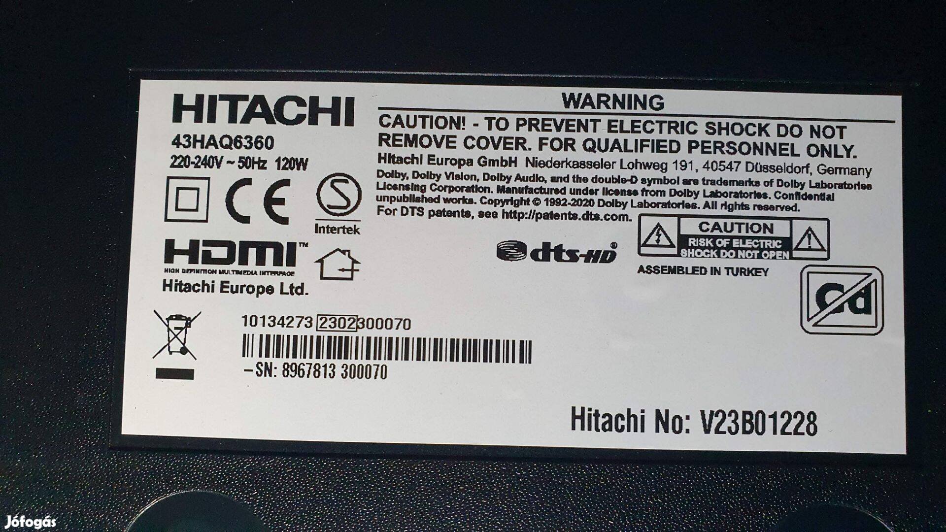 Hitachi 43Haq6360 LED LCD tv hibás törött alkatrésznek UHD