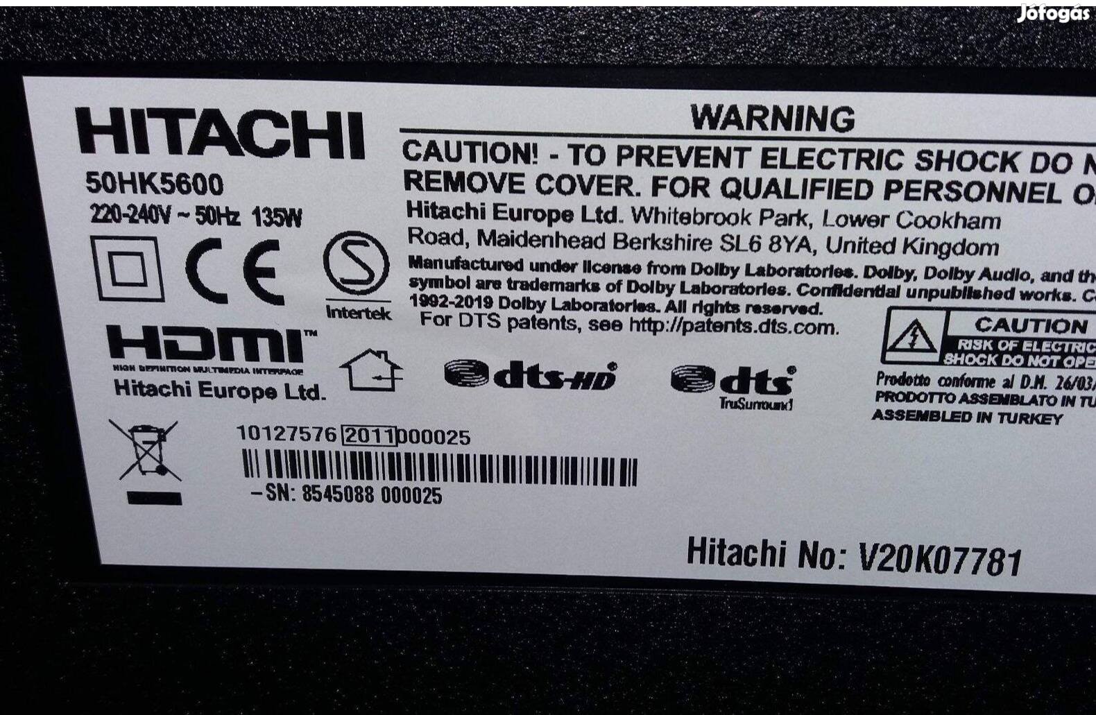 Hitachi 50HK5600 4K UHD LED LCD tv törött alkatrésznek Tcon elkelt!