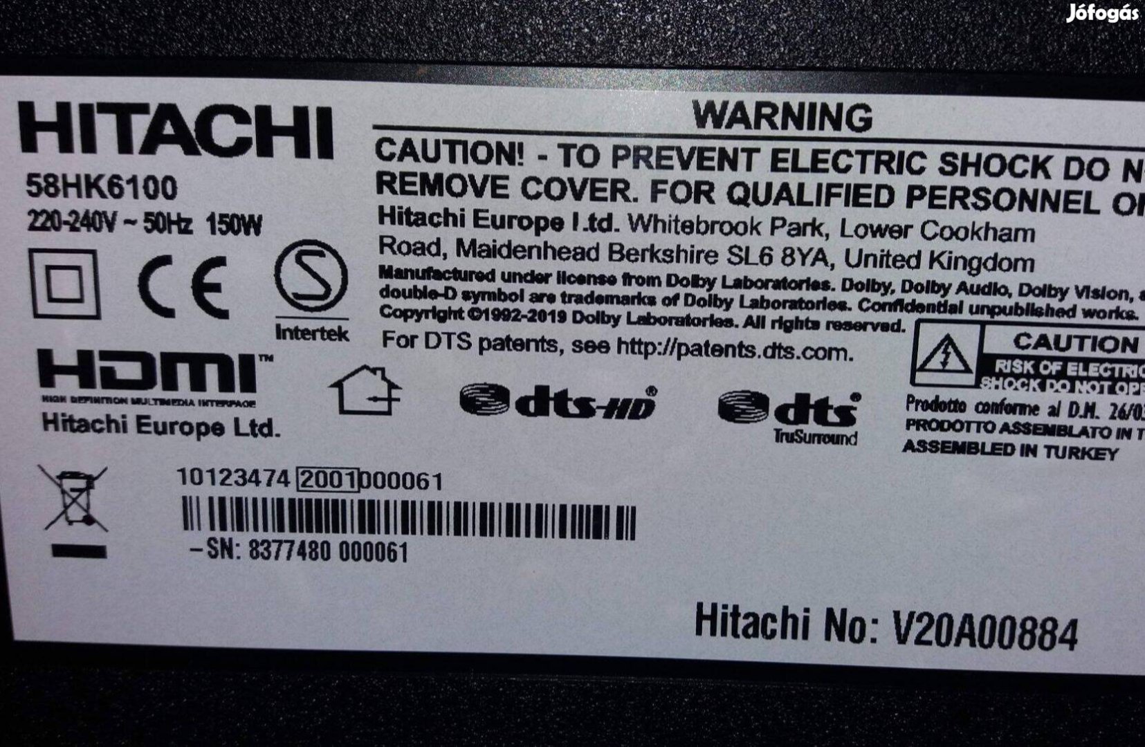 Hitachi 58HK6100 LED LCD tv törött alkatrésznek Új Mainboard elkelt