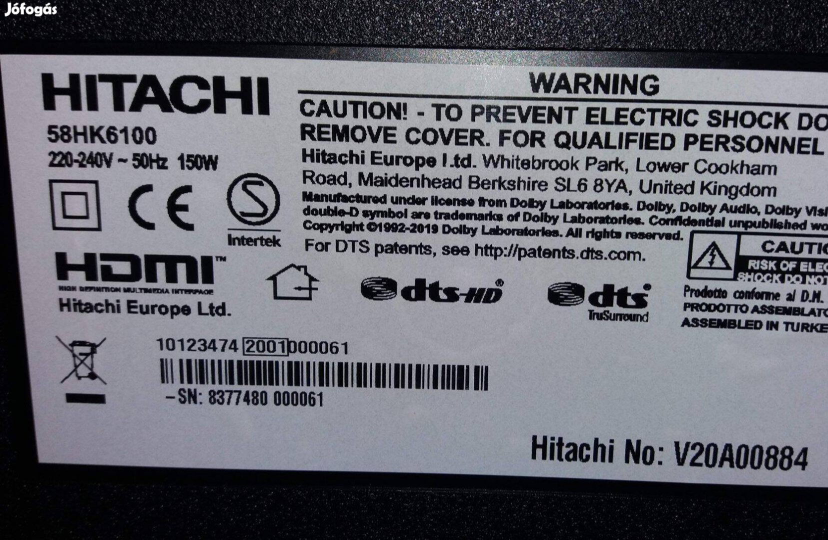 Hitachi 58HK6100 LED tv törött alkatrésznek Mainboard elkelt