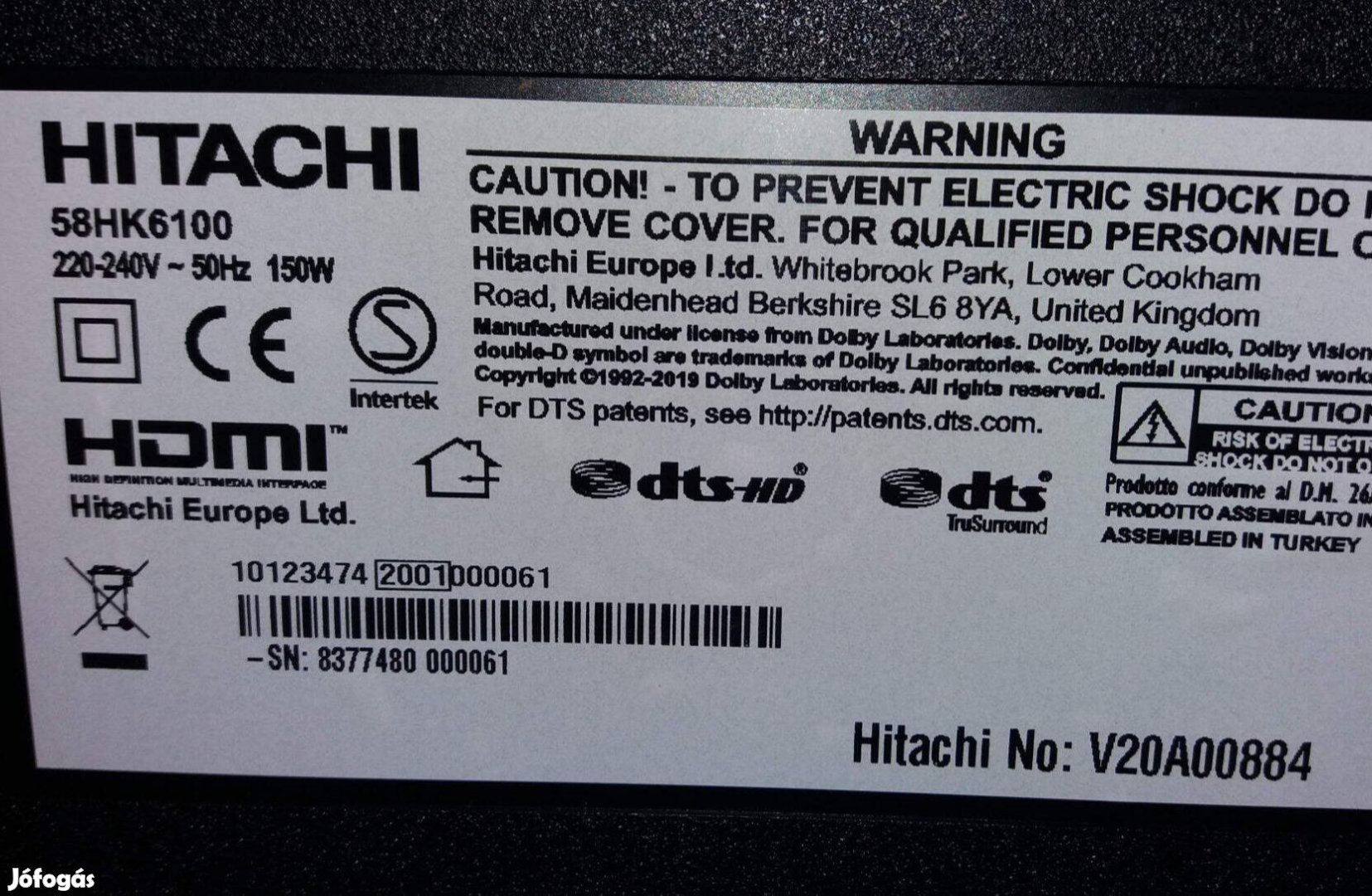 Hitachi 58HK6100 LED tv törött alkatrésznek Mainboard elkelt