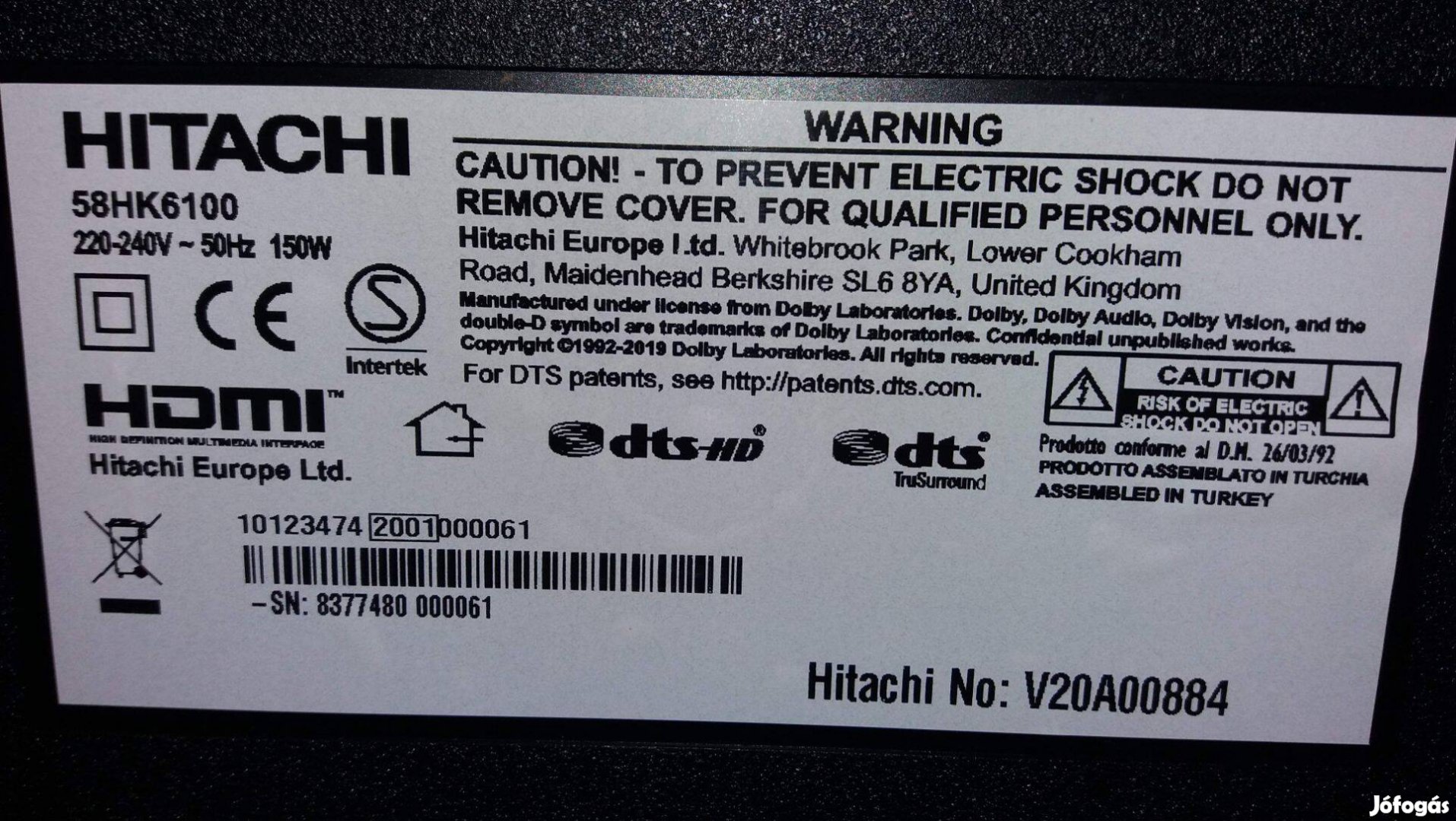 Hitachi 58HK6100 LED tv törött alkatrésznek Mainboard elkelt, 0 perces