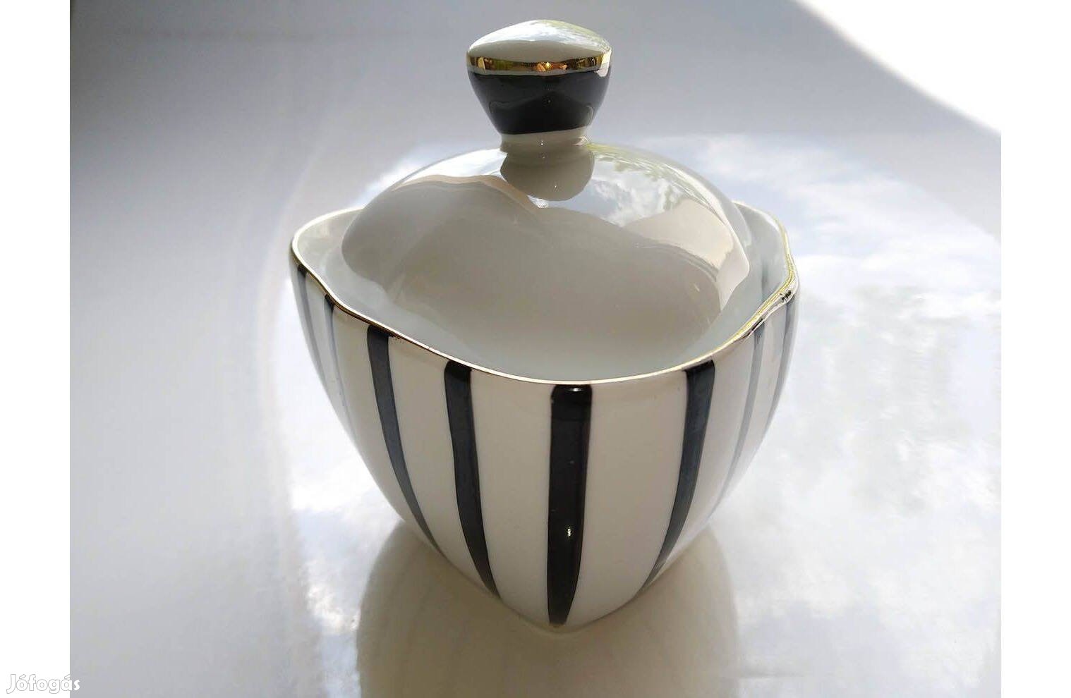 Hollóházi Art Deco porcelán bonbonier fekete csíkokkal