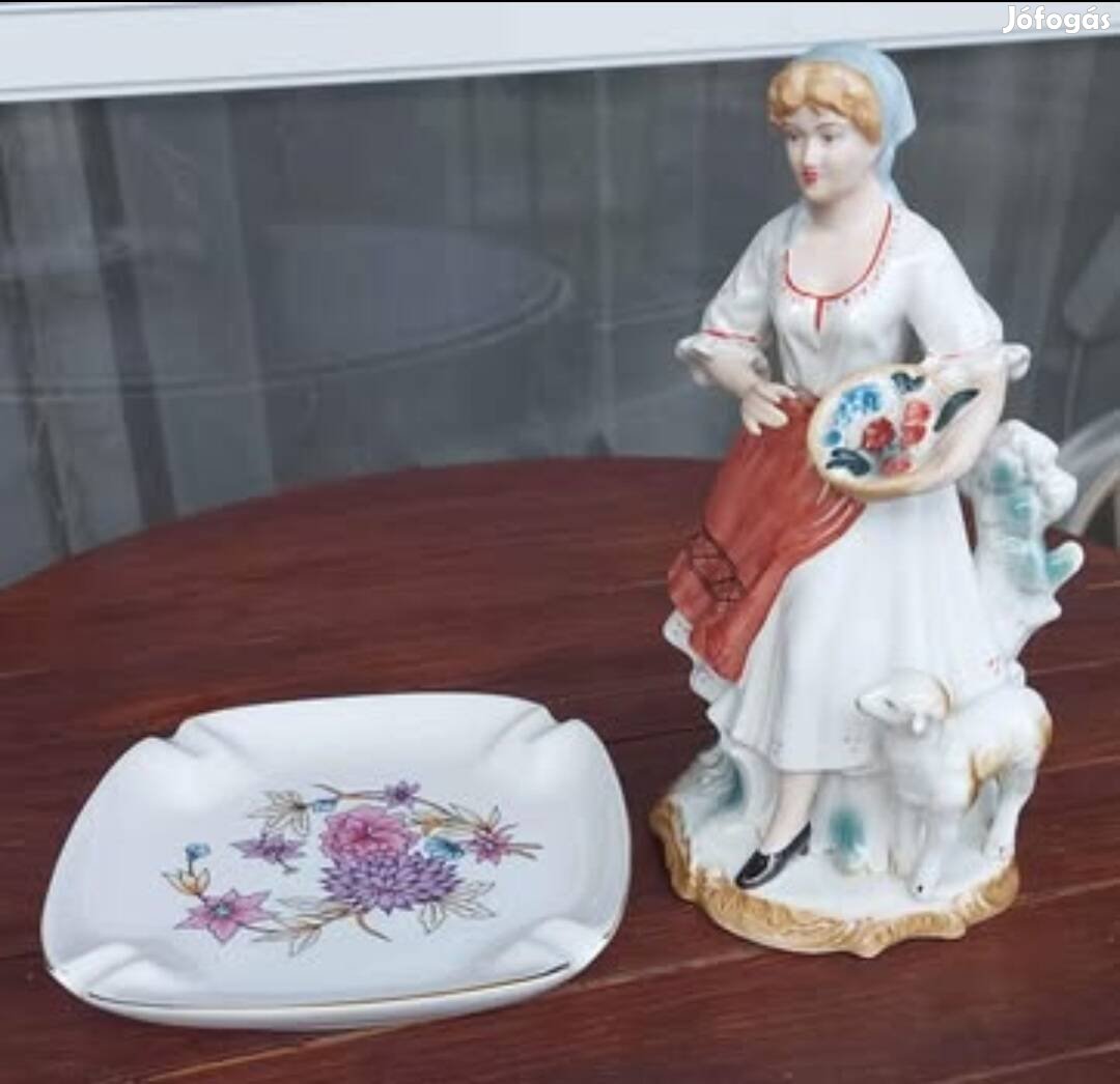 Hollóházi hamutartó és porcelán szobor 