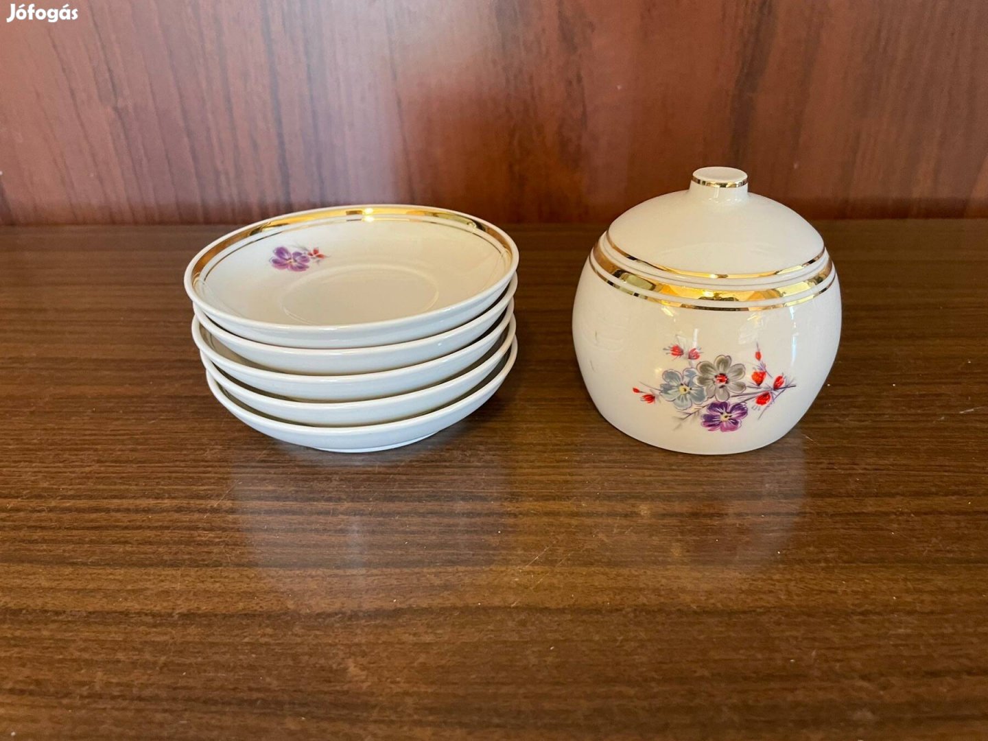 Hollóházi porcelán 5 db kávés csésze alátét, 1 db cukor