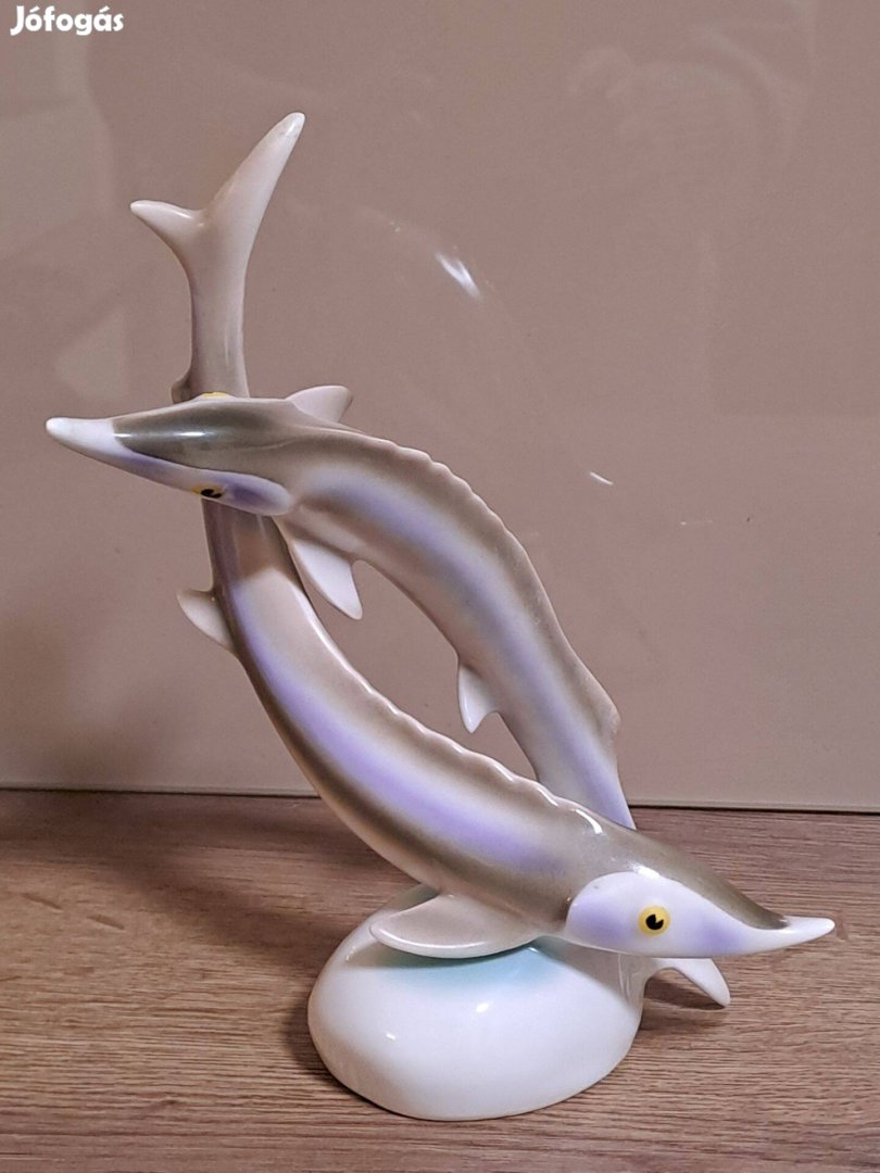 Hollóházi porcelán kecsege páros, hal figura
