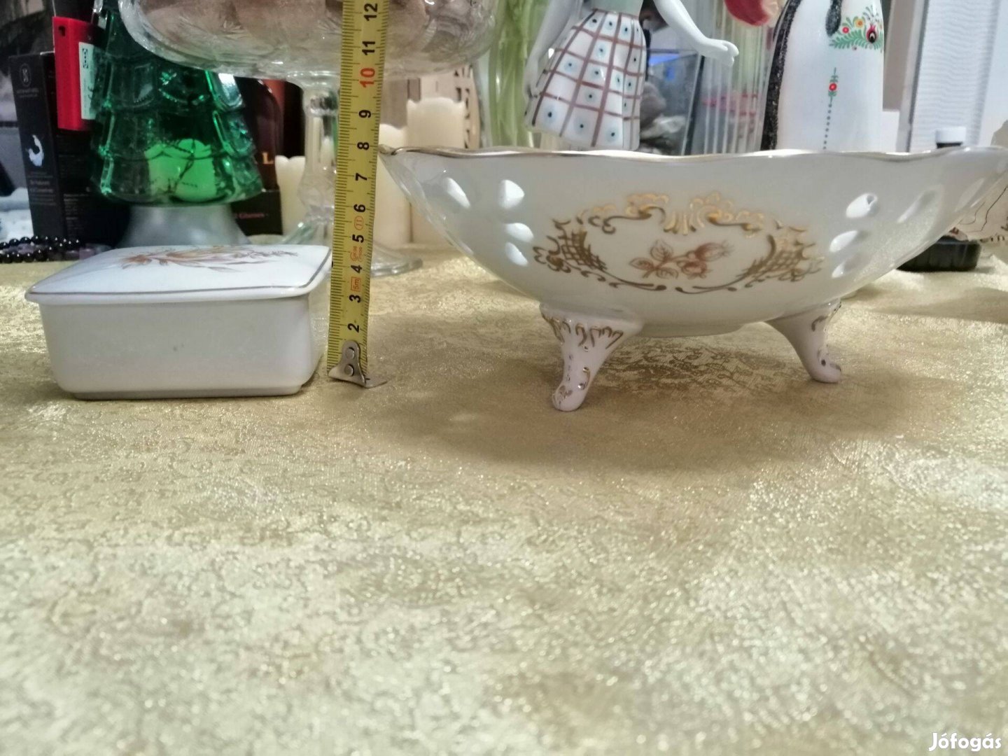 Hollóházi porcelán kínáló gyümölcs kosár 3 lábú arany szélű +bonbonier