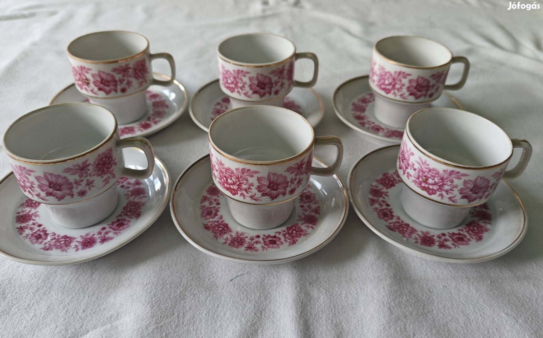 Hollóházi rózsaszín porcelán kávéskészlet