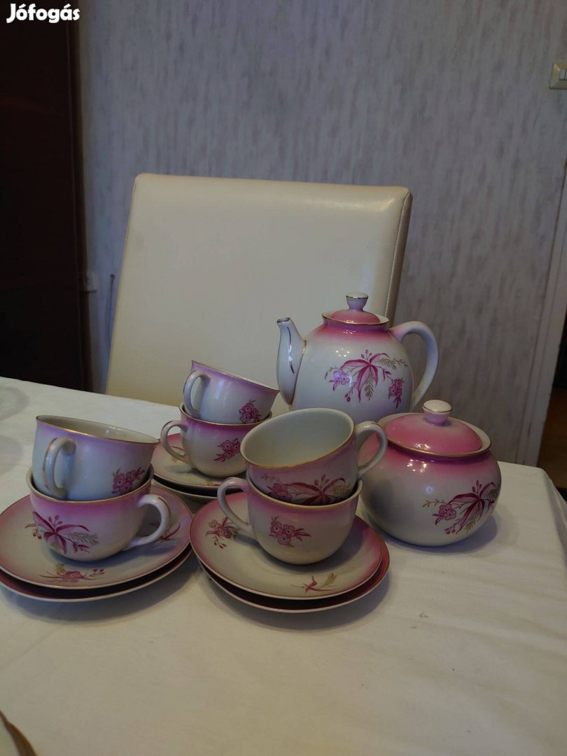 Hollóházi rózsaszínü kávéskészlet 6 csészével