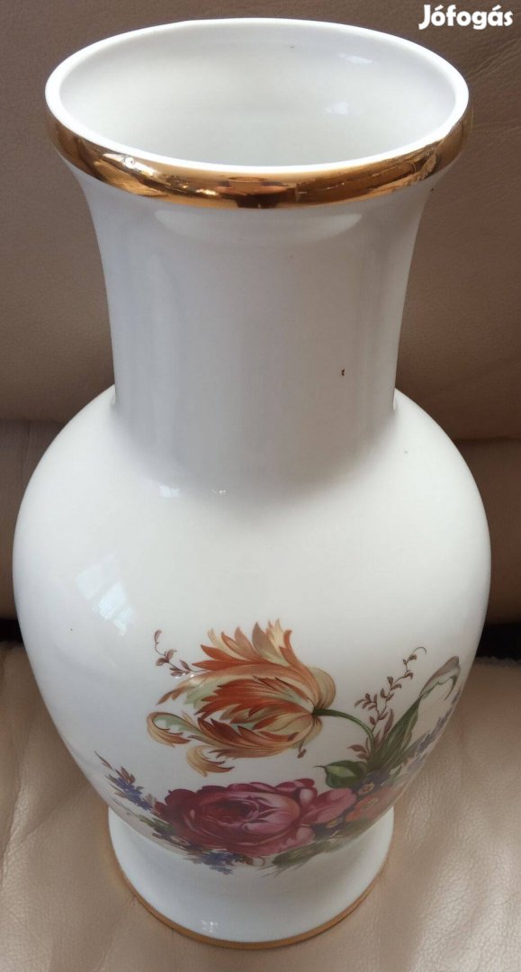 Hollóházi virágmintás aranyszegélyes nagy méretű porcelán váza 35 cm