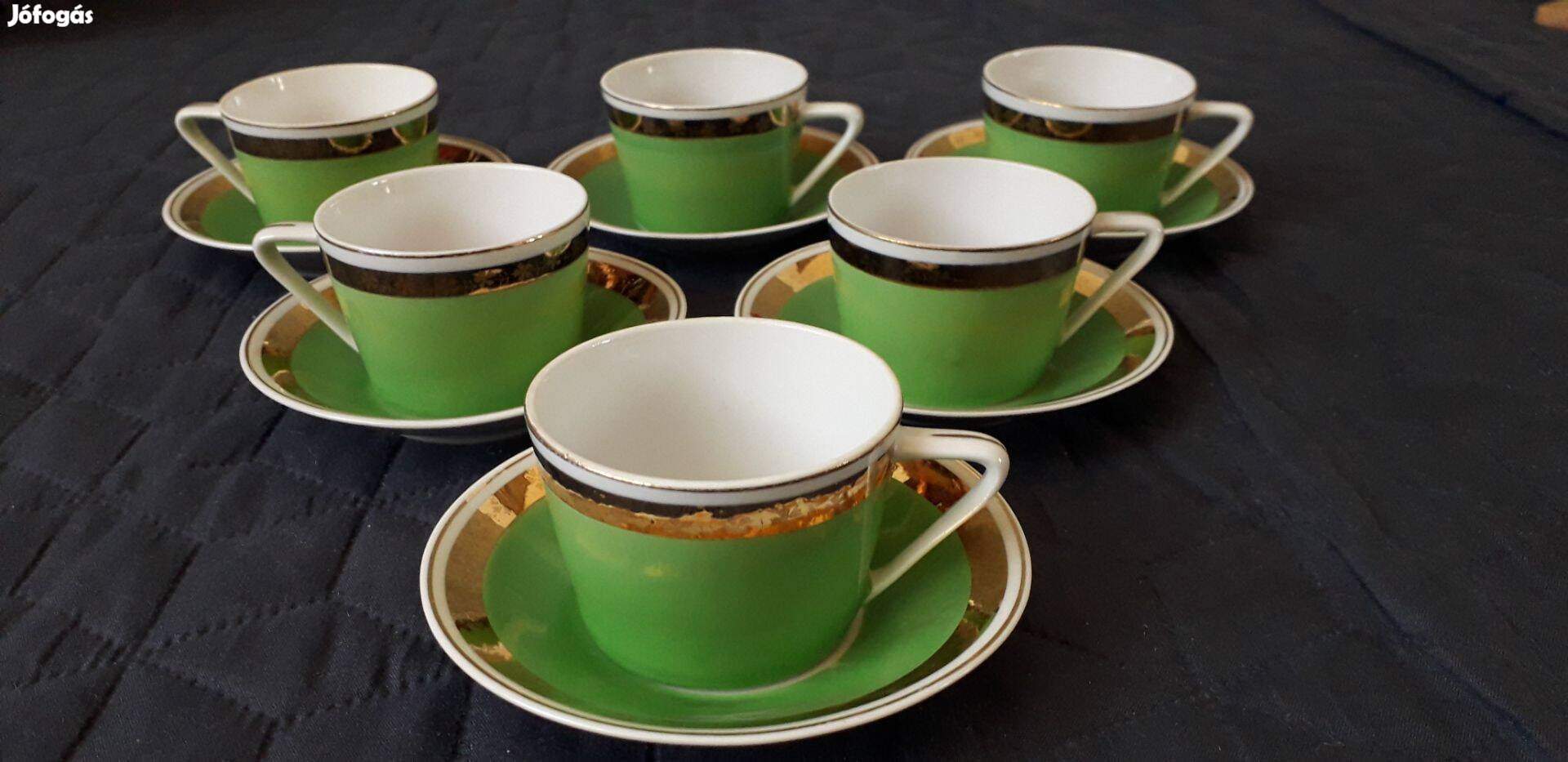 Hollóházi zöld-arany kávéskészlet - újszerű, vitrinben