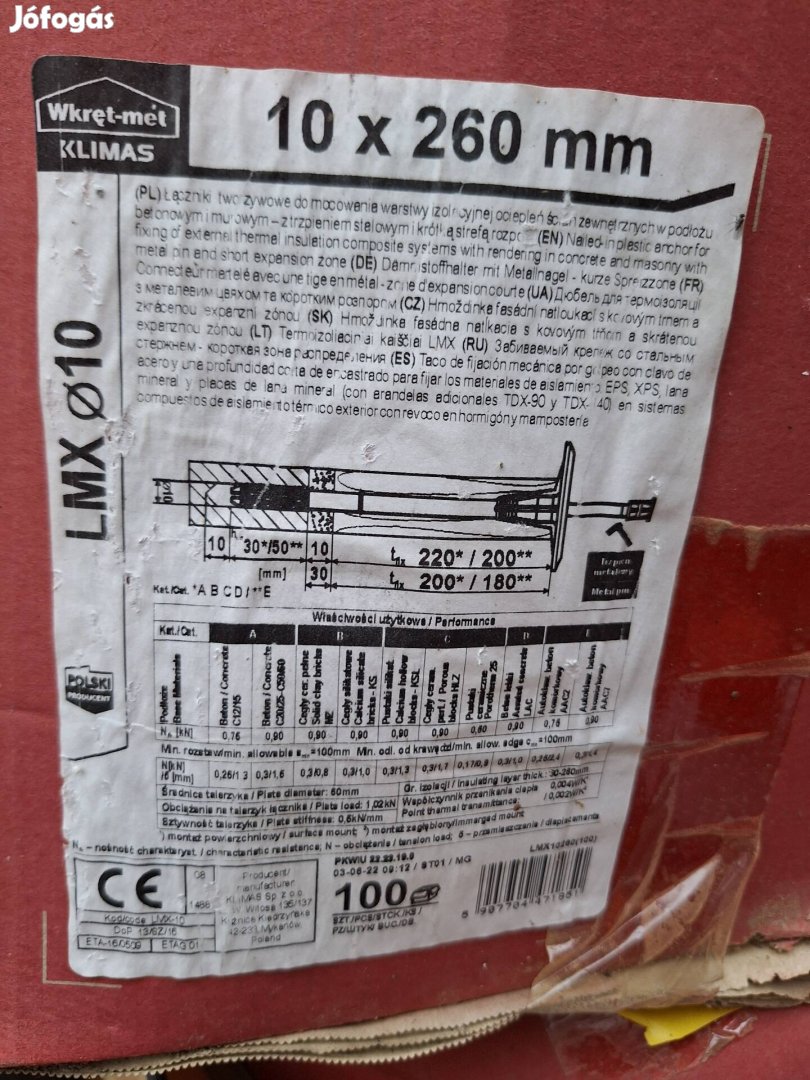 Homlokzati tárcsás dűbel 200db fémszeges 10x260