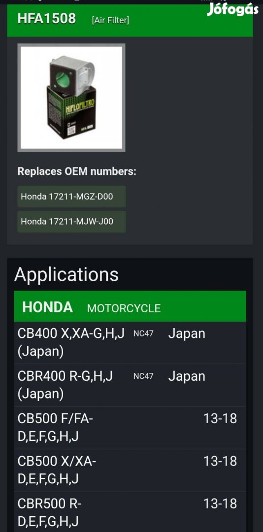 Honda CB500 Hiflo Filtro levegőszűrő HFA1508