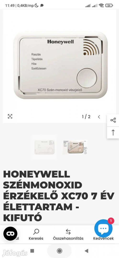 Honeywell szénmonoxid érzékelő riasztó.