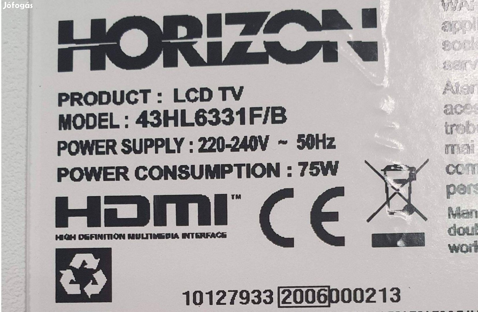 Horizon 43HL6331F/B LED LCD tv hibás törött 17MB211S 43HL6331