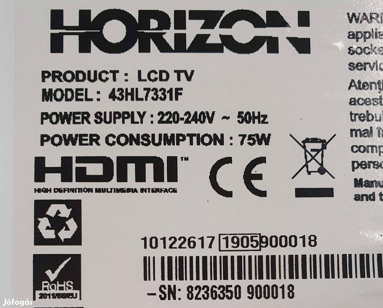 Horizon 43HL7331F Smart LED LCD tv hibás törött 17IPS12 17MB211S