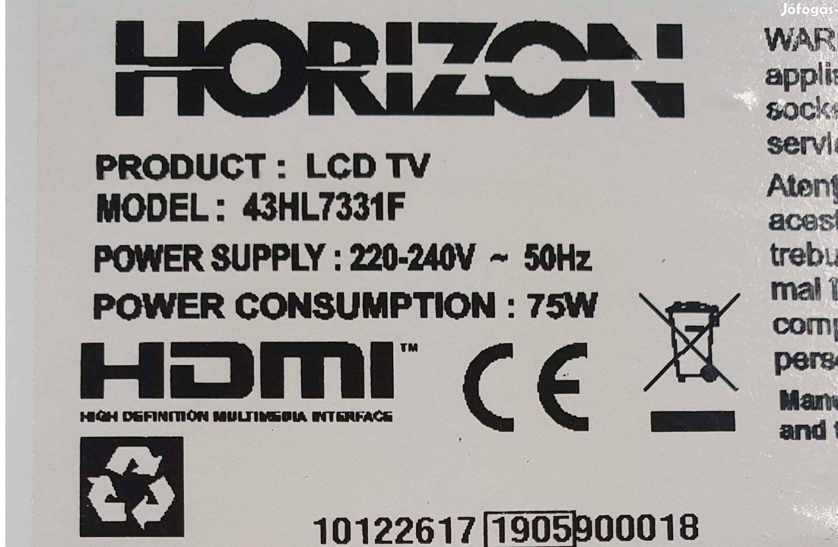 Horizon 43HL7331F Smart LED LCD tv hibás törött 17IPS12 17MB211S