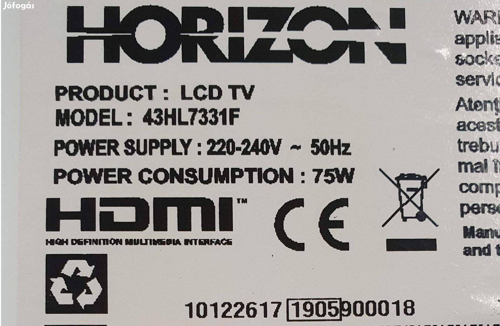 Horizon 43HL7331F Smart LED LCD tv hibás törött 17IPS12 17MB211S