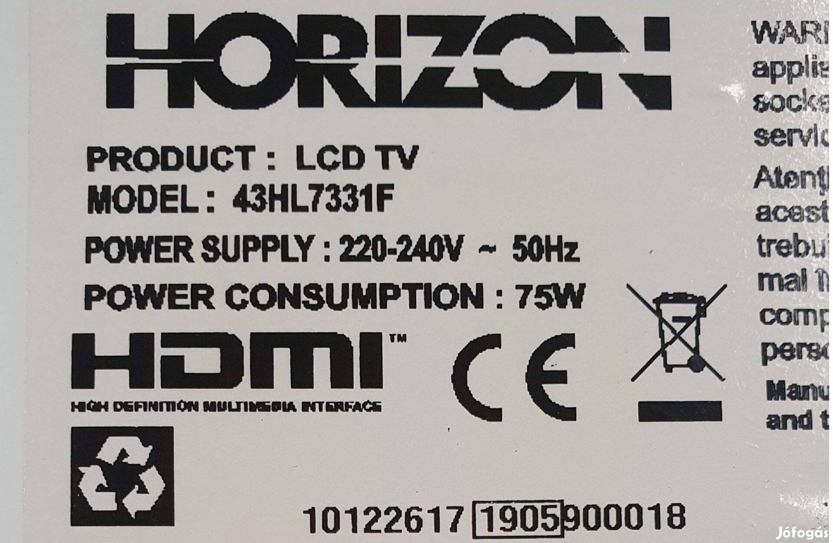 Horizon 43HL7331F Smart LED LCD tv hibás törött 17IPS12 17MB211S