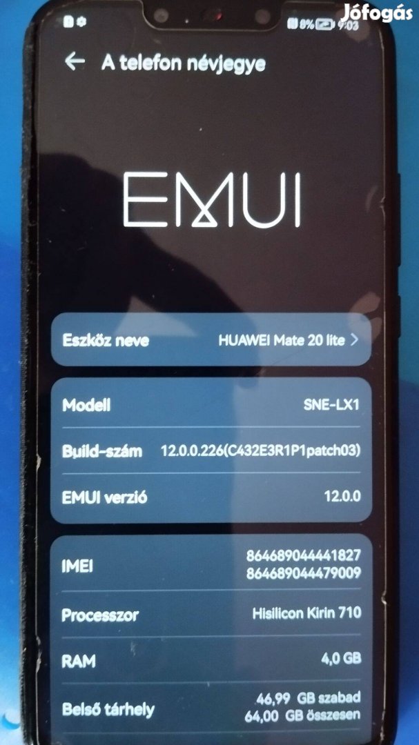 Huawei mate 20 lite, hibás,de tökéletesen müködik, munkába