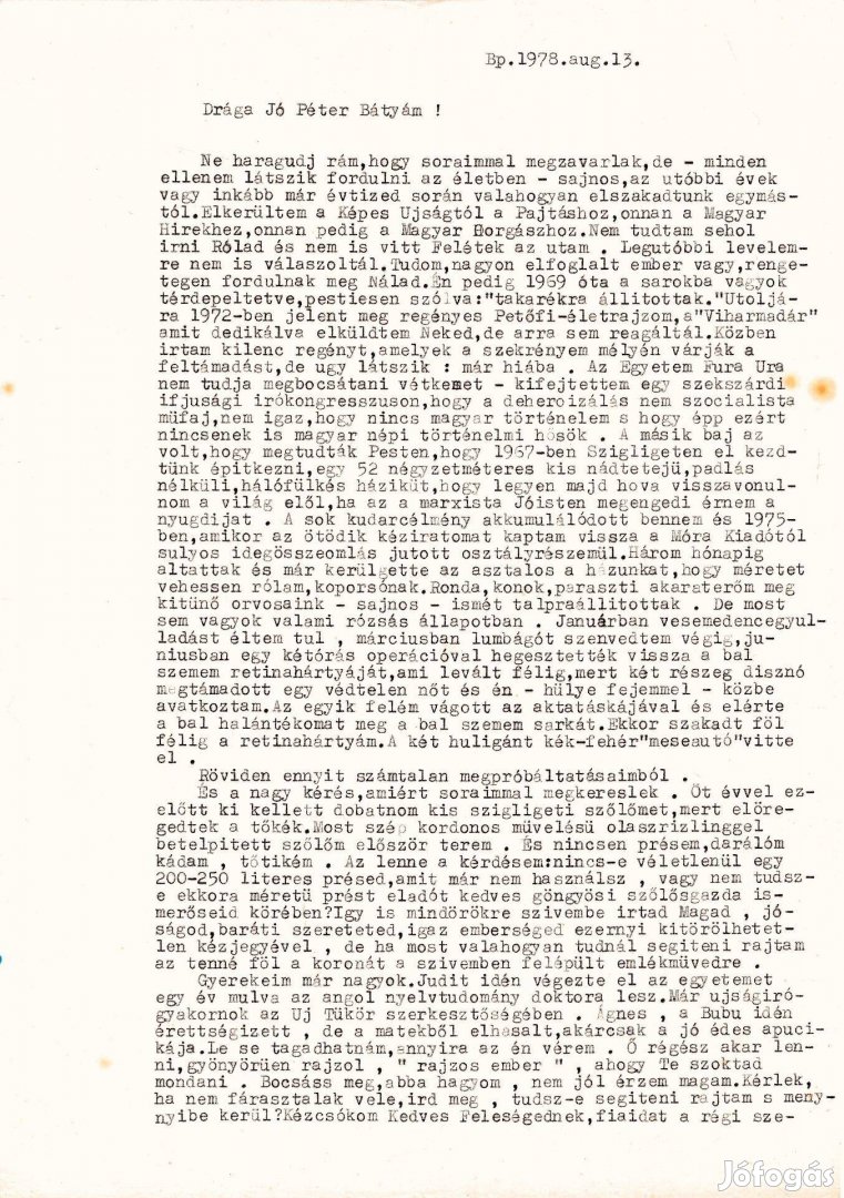 Hunyady József(19211983)író, újságíró, publicista egészoldalas levele