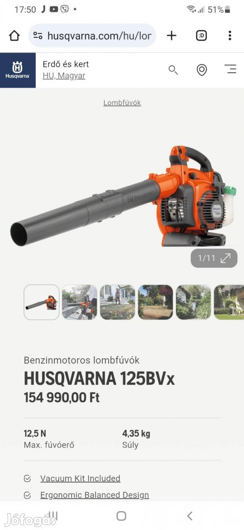Husqvarna 125 bv-x lomb-szívó-fújó 2éves!