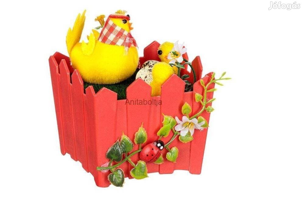 Húsvéti asztaldísz piros kerítéssel 9x9x10 cm