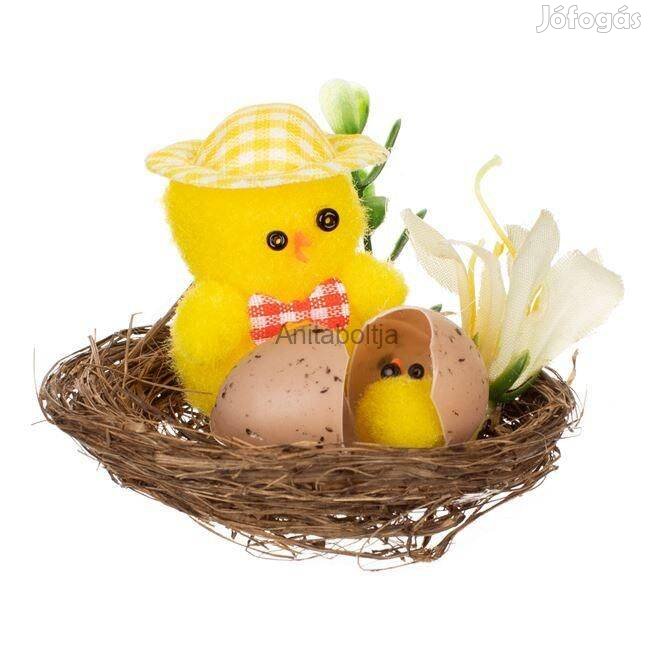 Húsvéti dekoratív csirke kalappal egy fészekben 8x5cm
