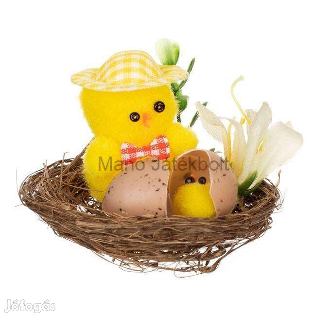 Húsvéti dekoratív csirke kalappal egy fészekben 8x5cm