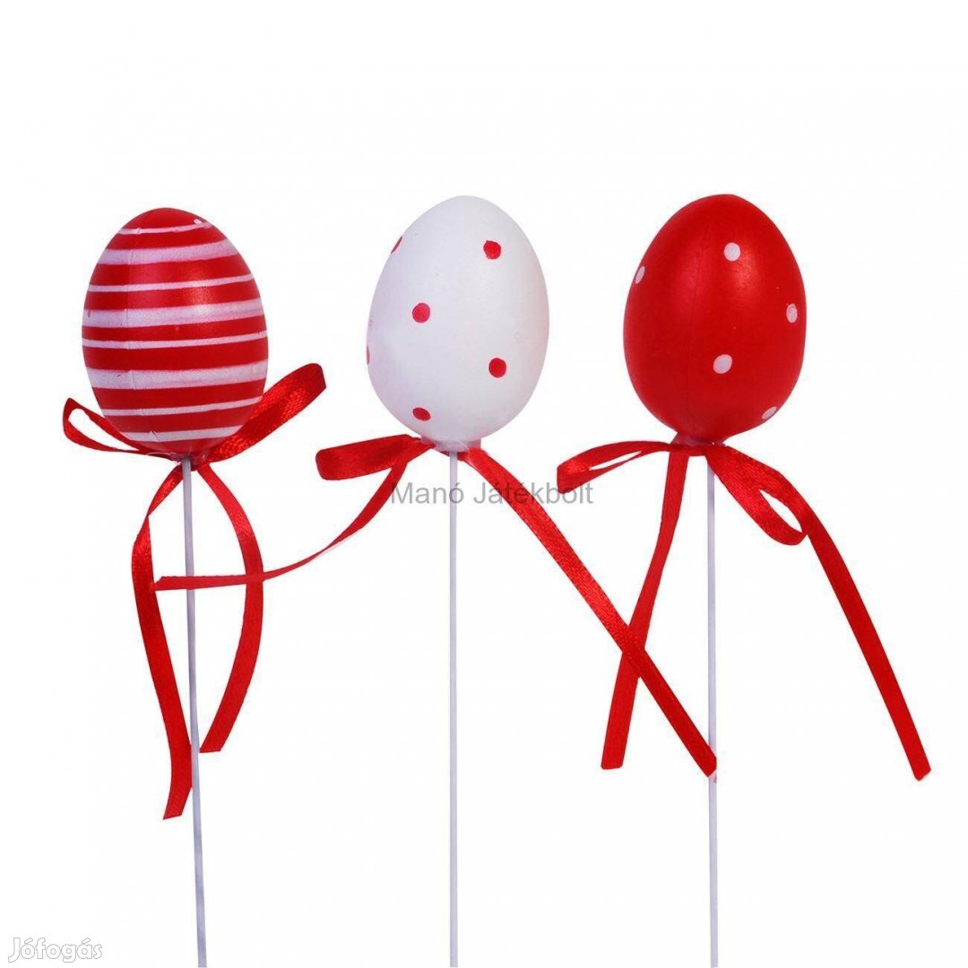 Húsvéti dekoratív tojások piros fehér pálcán - 6 db